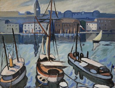 painting of boats in a harbor with a clock tower in the background