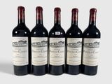 six bouteilles de vin sont alignées sur une surface blanche
