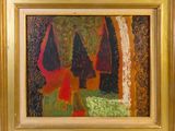 une image représentant un tableau de arbres dans une forêt, aux couleurs rouges et vertes