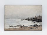 an image of a painting of a beach with a castle in the background
