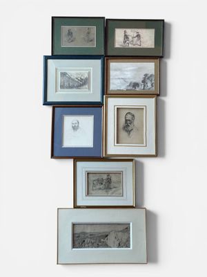 Lot de 8 dessins au crayon ou fusain encadrés dont: -Jules D…