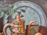 a painting of a still life with a teapot and fruit