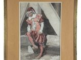 an old picture of a man in a red suit sitting on a ledge