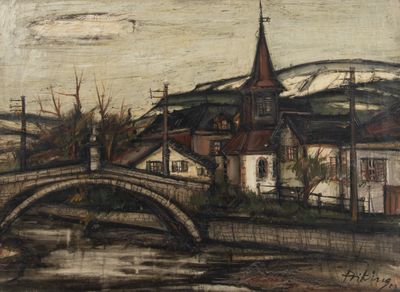 tableau représentant un pont sur une rivière, avec une église en arrière-plan