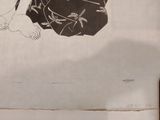 a black and white drawing of a woman sitting on a chair