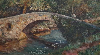 a painting of a stone bridge over a river