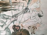 a drawing of a man riding a horse with a woman on it