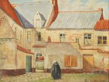 un tableau représentant une femme marchant dans une rue pavée