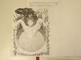 a drawing of a woman in a dress on a table