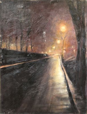 une peinture à l'huile représentant une rue sombre la nuit, éclairée par un lampadaire