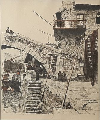 a picture of a drawing of a boat going under a bridge