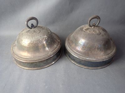 pair of antique silver plated butter dishes with handles
