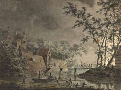 a painting of a river scene with people on it