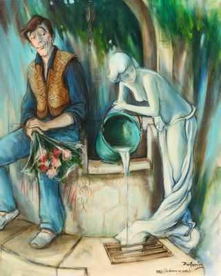 un tableau représentant un homme assis sur un banc à côté d'une statue