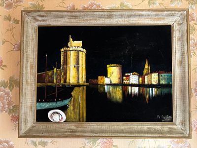 une image d'une peinture d'une ville au bord de l'eau