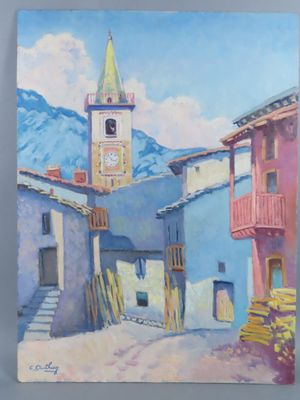 tableau représentant une petite ville avec une tour horloge en arrière-plan