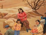 a painting of a group of people in the desert