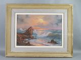 an oil painting of a sunset over the ocean with rocks in the foreground