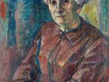 une peinture à l'huile représentant une femme d'un certain âge assise sur une chaise