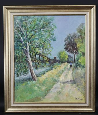 un tableau représentant une personne marchant sur un chemin de terre, à côté d'arbres