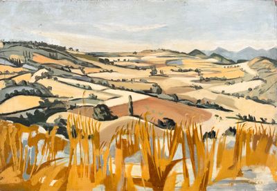 l'image d'un tableau représentant un paysage avec une rivière au premier plan