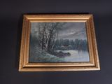 painting on the wall of a room with a painting of a river in the foreground