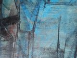 tableau représentant un homme vêtu d'une chemise bleue et d'un chapeau, debout devant un fond bleu