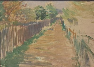 une peinture représentant un chemin de terre avec une clôture en arrière-plan