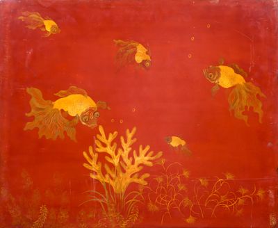 une image représentant une peinture de poissons rouges et de coraux sur fond rouge