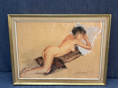 Ecole du XXe , "Nue", dessin aux trois crayons , signée en b…