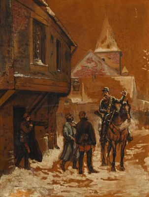 tableau représentant un groupe d'hommes à cheval descendant une rue enneigée