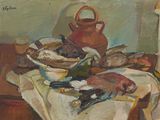 un tableau représentant une table sur laquelle se trouve un saladier rempli de poissons
