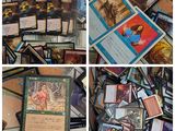 several different pictures of a bunch of cards on a table