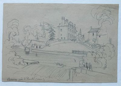 dessin au crayon représentant un paysage avec un château et un bateau