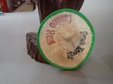 a green frisbee sitting on top of a piece of burlock