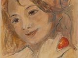 une image représentant un tableau d'une jeune fille tenant une pomme rouge dans la main