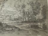 a drawing of a landscape with trees in the background