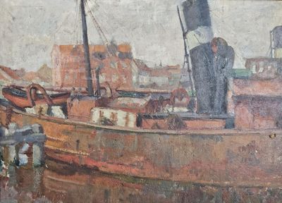 une peinture représentant un bateau sur l'eau, avec un drapeau hissé