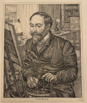 drawing of a man with a beard sitting in front of a painting easel