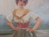 tableau représentant une femme en robe verte debout sur une plage