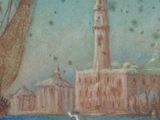 a painting of a boat in the water with a tower in the background