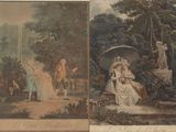 two pictures of a painting of a woman and a man in a garden