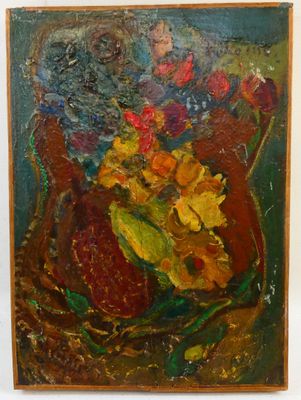 an oil painting of flowers in a vase on a table