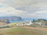 an image of a painting of a landscape with houses and a body of water