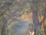 a painting of a woman sitting on a bench in the woods