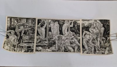 trois dessins en noir et blanc représentant des personnes et des animaux sur une feuille de papier