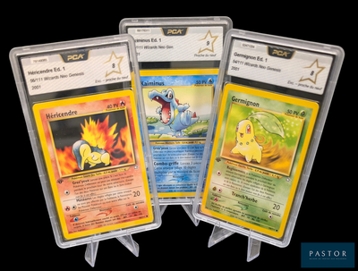 Trois cartes Pokémon sont présentées dans des pochettes en plastique sur un fond noir.