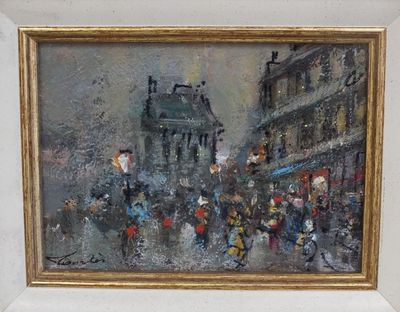 une peinture à l'huile représentant une scène de rue en ville avec des passants marchant sous la pluie