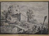 un vieux dessin représentant un château, avec des personnages et des animaux au premier plan