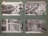 four black and white photographs of a man and a dog in a cage